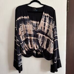 Blue Life | Navy and cream Tie Dye Bell Sleeve Faux Wrap Blouson Top | Medium
